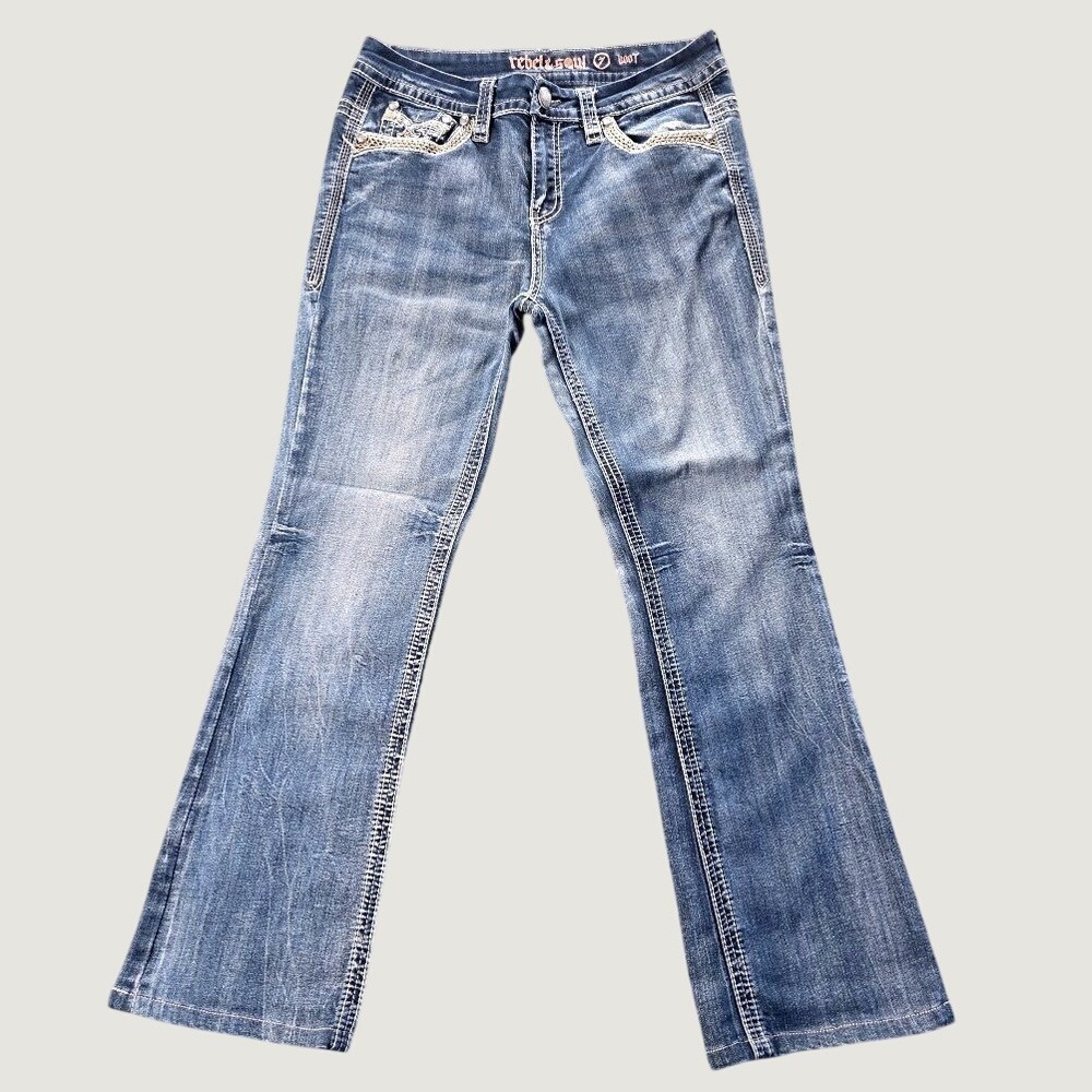 Rebel & Soul Womens Bootcut Jeans Size 7 Medium Wash Rhinestone Flap Pocket Blue